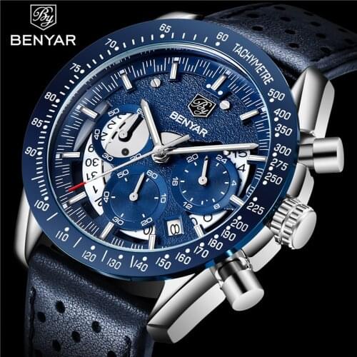 BENYAR Top Brand Luxury Watch Men Sport Quartz Male Chronograph Date Clock Military Army Blue Genuine Leather Wristwatch 5120