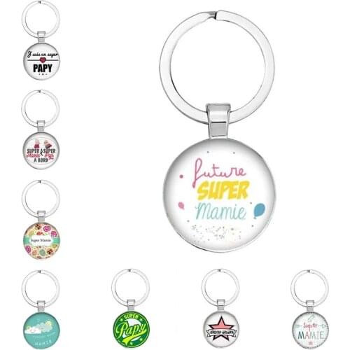 2021 New File Subtitle "Super Mom, Papi, Grandpa And Grandma" Glass Cabochon Pendant Keychain For Relatives’ Gifts