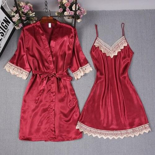 2020 New Summer Pajamas Gown Women Robe Set Thin Two Piece Sexy Lace Silk Satin Night Dress Lounge Sleepwear Girls Nightwear Set