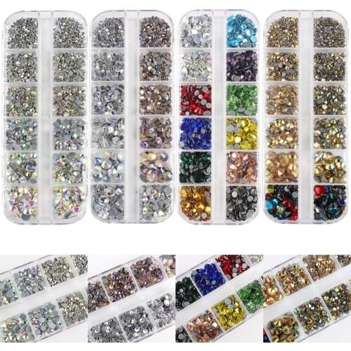 New 12 Grid/Box Set Crystal Colors AAA Hot fix rhinestones Mix 6 Sizes стразы Glue on Rhinestones for Wearing Garment