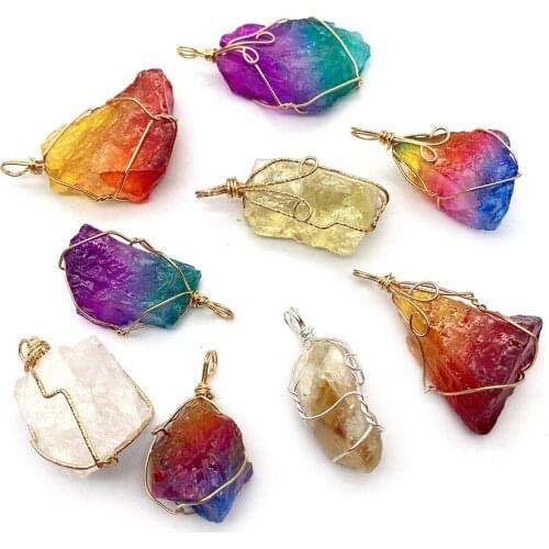1pcs Crystal Pendant Colorful Irregular Copper Wire Winding Charms DIY Women Necklace Jewelry Making Accessories Natural Stone