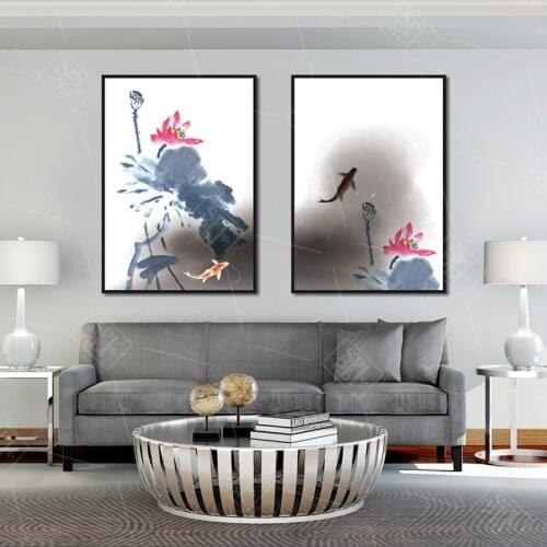 Retro Ink Painting Chinese Style Lotus Flower Canvas Art Nordic Decoration Home Posters Hd Print Wall Picture for Nursery Kids