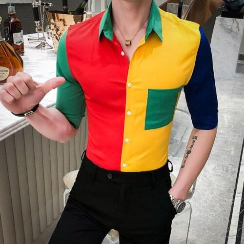 Summer color matching seven-point sleeve shirt youth hair stylist trend stitching shirt handsome cool men Joker fashion shirt