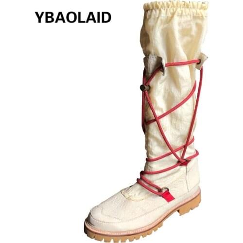 New Style Breathable But Knee-high Personality Cross Strap Thick Heel Boots Fashion All-match Metal Buckle Sleeve Knight Boots