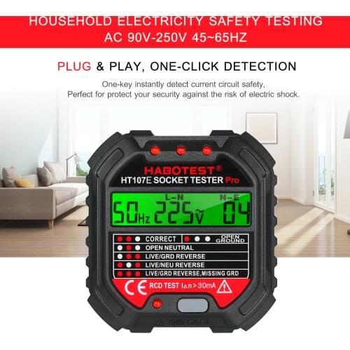 HABOTEST GFCI Socket Tester 90-250V Outlet Tester Automatic Electric Circuit Polarity Voltage Detector Breaker Finder HT107E
