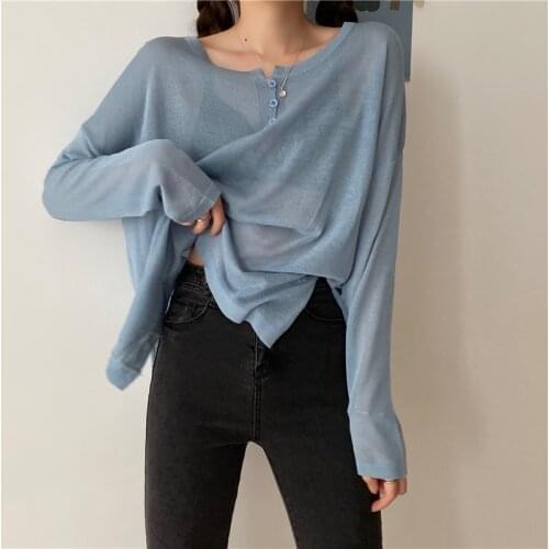 Long Sleeve Crop Tops Sunscreen Shirt Pullover Korean Knitted Blouse Womens Loose Thin White Bottoming Tops Women Fashion 13484