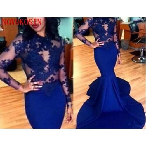 Long Sleeves Prom Dresses With High Neck Lace Applique Satin Floor Length Royal Blue Formal Long Evening Celebrity Dresses