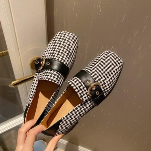 Studs Metal buckle band loafers woman mixed color plaid flats espadrilles slip on sneakers square toe moccasins shoes women 2020