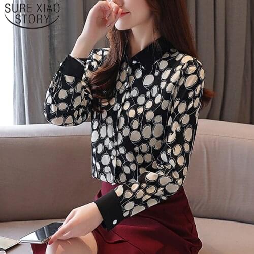 2021 Autumn Wave Chiffon Office Lady Women Tops Fashion Print Long Sleeve Stand Collar Dot Regular Red Ladies Blouse 5365 50