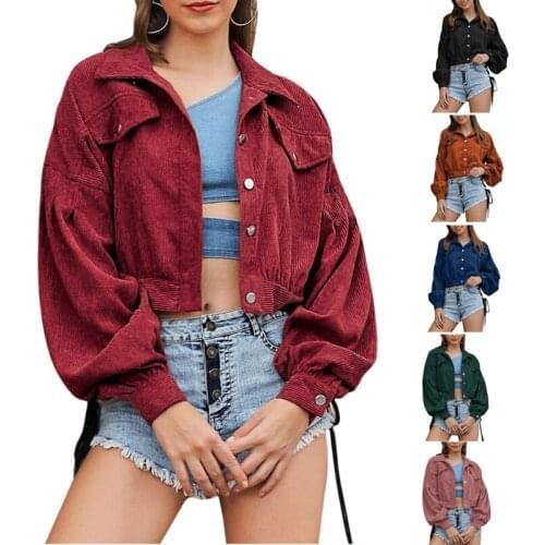 Women Lantern Sleeve Cropped Jacket Lapel Collar Button Down Velvet Outwear Vintage Oversized Loose Solid Color Coat