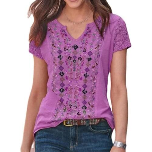 Women Hollow Out Lace Short Sleeve T-Shirts Sexy Notched V-Neck Casual Loose Tunic Tops Boho Geometric Floral Print Summer Tees