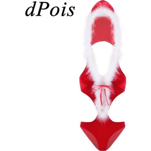 Womens One-Piece Soft Velvet White Feather Trim Plunging V Neck Backless Hooded Leotard Bodysuit for Christmas Cosplay Costume
