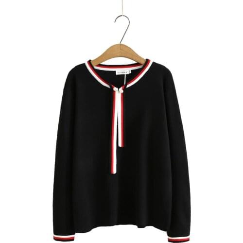 Plus size Solid white black knitted BOW collar women loose pullovers 2021 new spring autumn casual ladies sweaters female tops