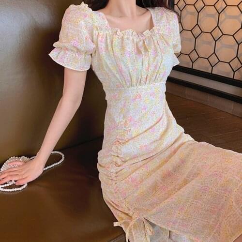 M-4XL plus size women Summer Chiffon dresses vestidos 2021 short sleeve square collar flower print slim long dress female