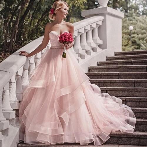 Sweetheart Blush Pink Wedding Dresses Sleeveless Tiered Organza Bride Dress Luxury Ball Gowns Vestido De Novia