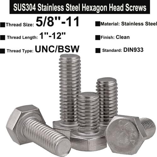 1Pc 5/8-11x1~4 Inches SUS304 Stainless Steel External Hexagon Head Bolt Screw BSW / UNC Thread