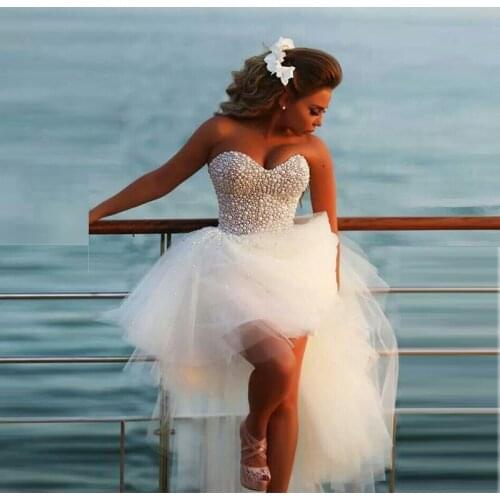 2018 vestido de noiva Fashionable Pearls Prom High Low Tulle Short Ball Party Hot sale Beading Bridal gown bridesmaid dresses