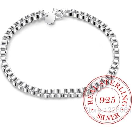 Mens Fine Jewelry 925 Sterling Silver 4mm Box Chains 19cm Bracelet Bangle Pulseiras De Prata For Male Gift Free Shipping