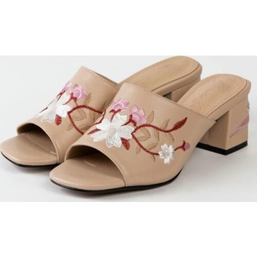 COOLULU New Fashion Women Embroider Open Toe Mules Mid Heel Slides Casual Women Outdoor Slippers Ladies Shoes Size 33-43
