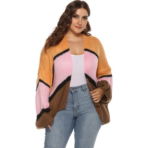 Contrast Color Elegant Cardigan Women Autumn Winter Lantern Long Sleeve Knitted Casual Sweater Plus Size Female Jumper Coat