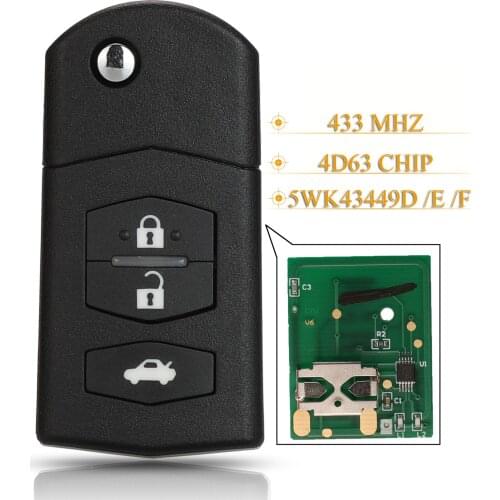 Kutery 3 Buttons Flip Car Remote Key Fob 433MHz 4D63 For Mazda M2 Demio M3 Axela M5 Premacy M6 Atenza 5WK43449D /E /F