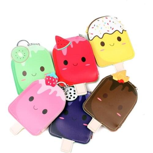 40PCS / LOT Creative Fruit Popsicle PU Leather Cartoon Zero Wallet Student Card Bag Key Chain Pendant Girl Coin Storage Bag