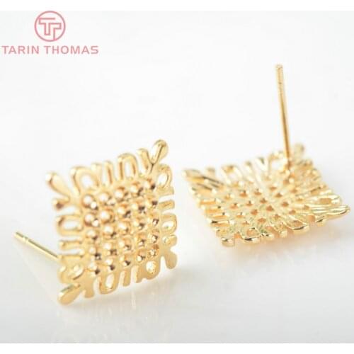10PCS 13x13MM 24K Gold Color Brass Square Stud Earrings Pins High Quality Diy Jewelry Findings Accessories