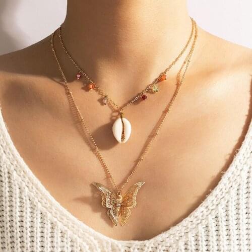 Docona Fashion Butterfly Shell Pandent Necklace for Women Colorful Clear Beaded Layered Clavicle Chain Jewelry Accessories 17982