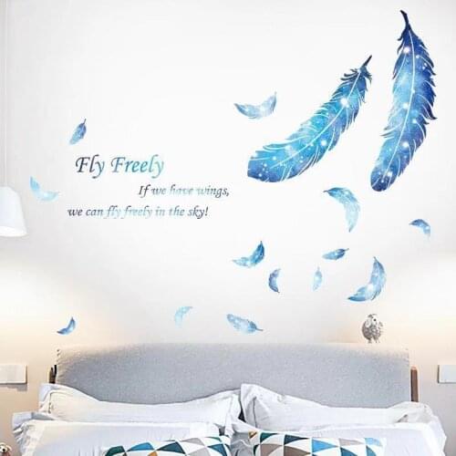 Blue Feather Wall Sticker For Bedroom Living Room Decoration Self Adhesive Wallpaper Waterproof Removable Wall Decal Home Decor