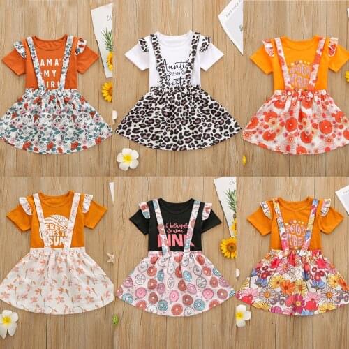 2021 New Halloween Girls Clothes Set Letter Print Short Sleeve O-neck T-shirt with Ruffles+Floral Leopard Print Suspender Skirt