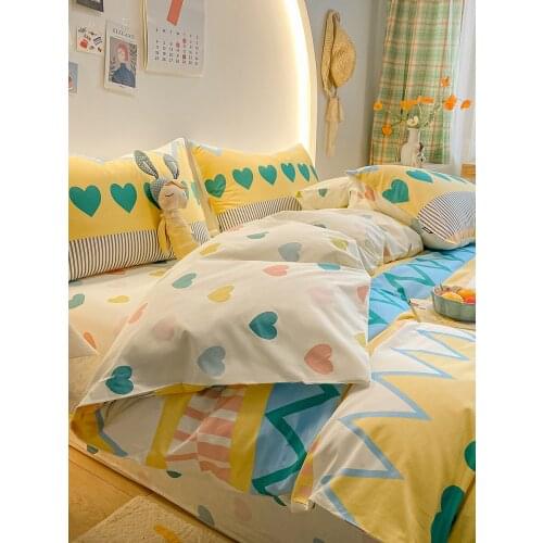 Home Textile New Four-Piece Set All Cotton Pure Cotton Three-Piece Bedding Set Minimalist Bed Sheets Quilt Cover Heart Words