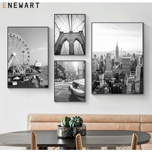 Cityscape Wall Art Bridge Sky Wheel Canvas Poster Black White City Landscape Print Painting Nordic Picture for Living Room Decor