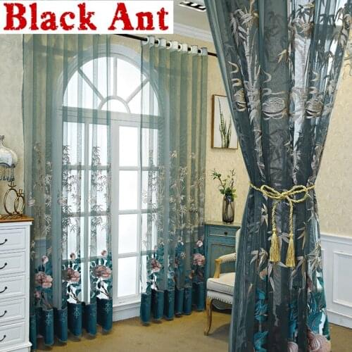 Europe High-End Embroidered Tulle Curtain Velvet Splice Sheer Voile Fabric Flower Window Screen for Living room Cortinas X832F