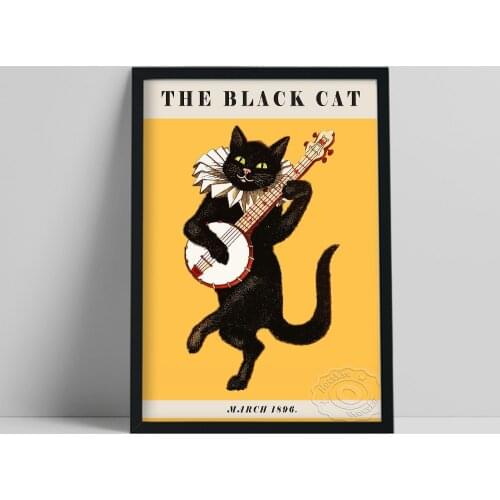 The Black Cat Poster, Black Cat Play Banjos American Magazine Cover Wall Art Prints, Animal Literary Gift, Vintage Home Decor