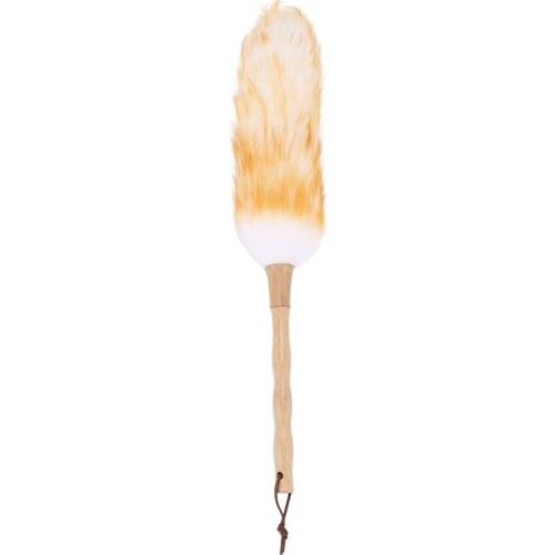 Lambs Wool Duster with Solid Wooden Handle,Flexible Head,Leather Hang Strap,Comfortable Grip Natural Feather Dust Duster