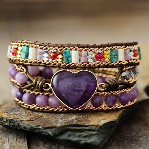 Romantic Violet Leather Wrap Bracelets Amethysts Heart 3 Strands Cuff Bracelet Handmade Boho Teengirls Jewelry Bijoux Wholesale