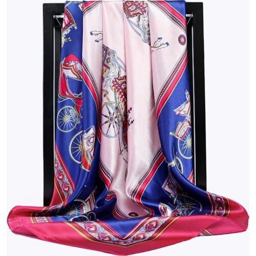 Luxury Floral Print Silk Satin Hijab Scarf For Women Hair Scarfs Female 90*90cm Square Shawls and Wraps Neck Scarves For Lady