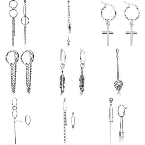 Punk Silver Color Stainless Steel Feather Cross Earrings for Men Women Gothic Street Long Chain Earrings Men Rock Jewelry