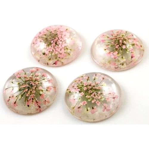 Spring Breath 5pcs 25mm Light pink and White Natural Dried Flowers Flat Back Resin Cabochons Cameo G4-10