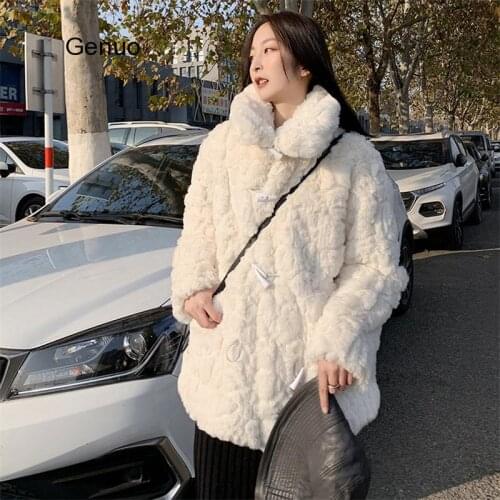 Women Winter Thick Copy Rabbit Fur Girl Horn Buckle Fur Coat Ladies New Fashion Warm Loose Lapel Plus Size Soft Plush Coat