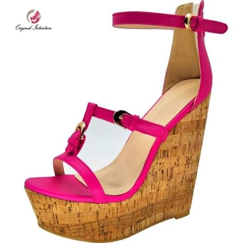 Original Intention Wedges Bukle Strap Sandals Fashion Open Toe Platform Women Sandals Ladies Party Red Rose Red High Heels Shoes