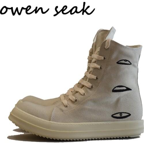 Owen Seak Women Shoes High-TOP Ankle Lace Up Luxury Trainers Canvas Embroidery Sneaker Boots Casual Brand Zip Flats Shoes Black