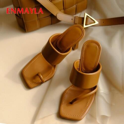 ENMAYLA Solid Sheepskin Slippers Women Genuine Leather Summer Outside Narrow Band Square Heel Basic Shoes Woman Size 34-39