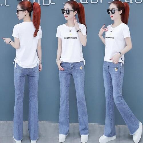 Two-piece Womens Summer 2021 New Fashion Denim Wide-leg Pants Small Daisy Top Western Style Ladies Summer Suit