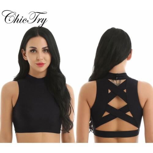Women Lyrical Dance Costumes Sleeveless Strappy Back Criss Cross Crop Top for Yoga Sport Gymnastics Workout Latin Dancewear