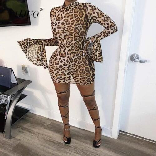 YiDuo Leopard Print Long Flare Sleeve Bodycon Dress Women O Neck Sexy Skinny Short Dresses Slim Autumn Club Party Vestidos Mujer