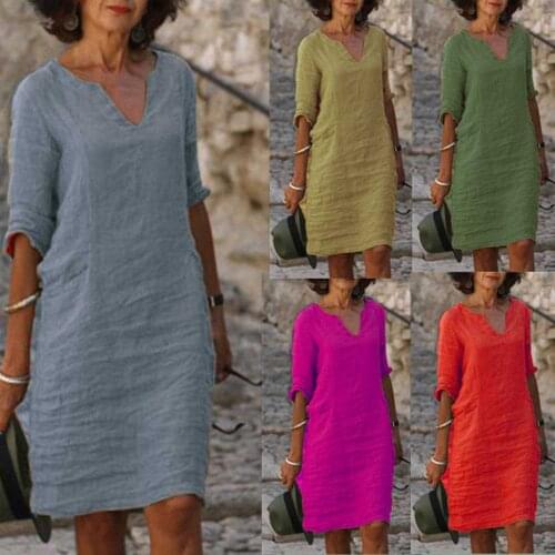 Womens Loose Short Dress Oversized S-3XL Lady V Neck Three Quater Cotton Linen Sand Beach Holiday Mini Dresses WDC7726