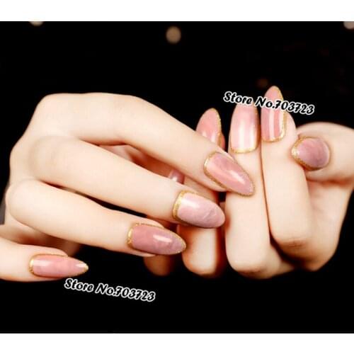 Shiny Pink marble nail design Tips Grace Tip top false nails gold outline Z105
