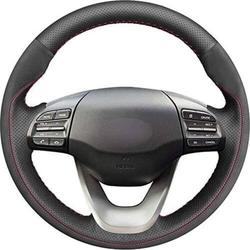 Hand-stitched Black Genuine Leather Suede Car Steering Wheel Cover for Hyundai Kona 2017 2018 2019 2020