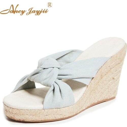 Light Blue Woman Slippers Female Shoes Wedges Fashion Young Super High Outside Sexy Street Dress Party Plus Size 45 44 40 2019